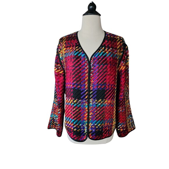 Chico's Art To Wear Silk Open Front Blazer Womens Large Multicolor Basket Weave - Picture 1 of 8